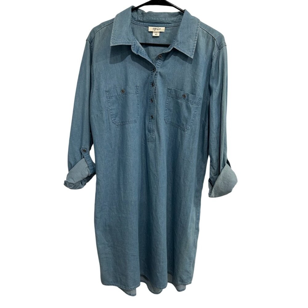 Style & Co Denim Shirt Dress Rolled Sleeves Button Front Chest Pockets Blue Sz L